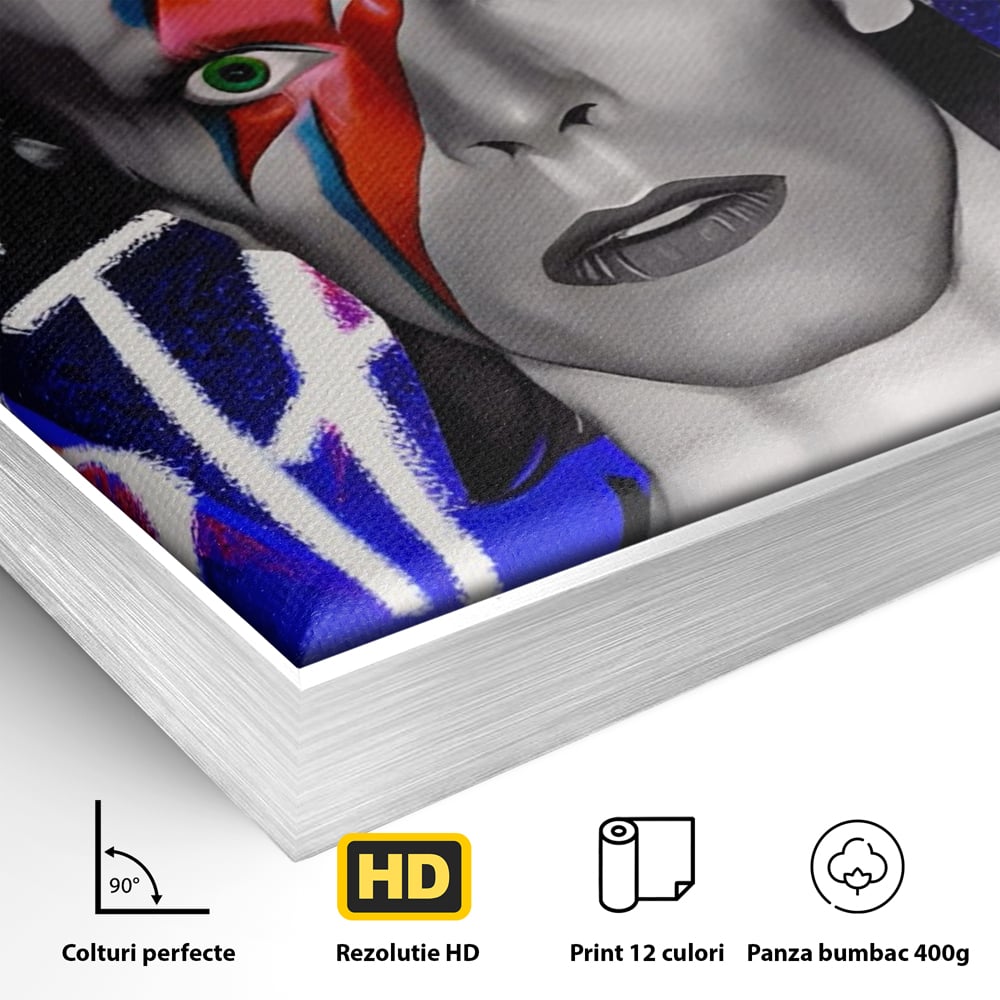 Detaliu al suprafetei: tablou canvas cu portretul lui david bowie, in rama de aluminiu argintiu